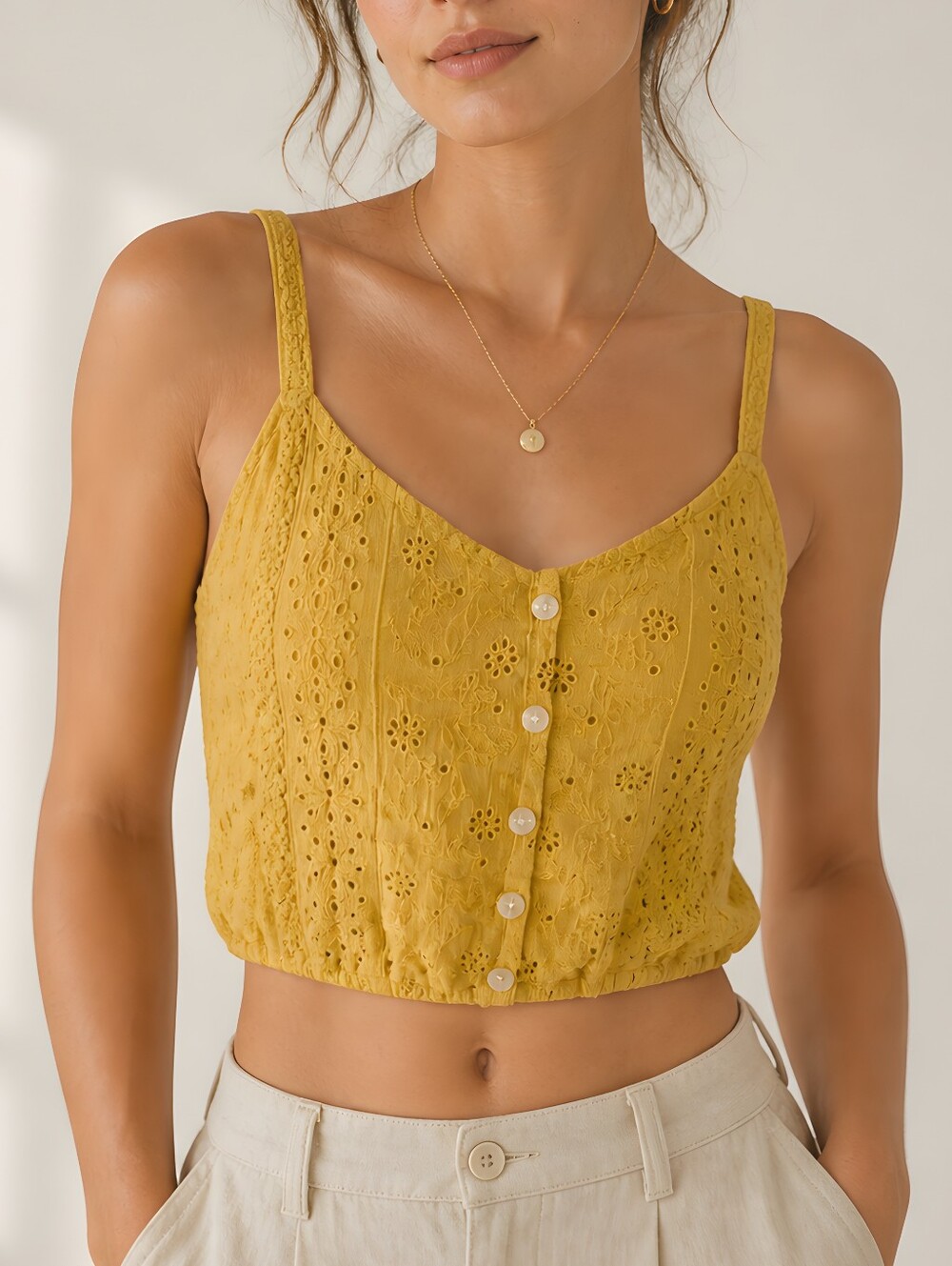 American Eagle Yellow Eyelet Embroidered Button Front Crop Cami Tank Top